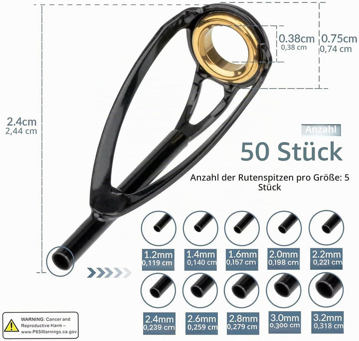 THKFISH Angelrute Reparatur Set Spitzenring Stipprute Tip Tops 50 Stück Ersatz-Kit für Angelrutenspi