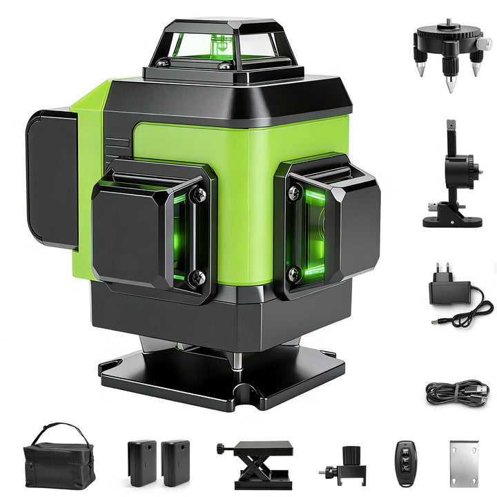 4D 16-Linien Laser-Nivelliergerät, 4×360° Selbstnivellierend mit digitaler Batterieanzeige, Grüner L