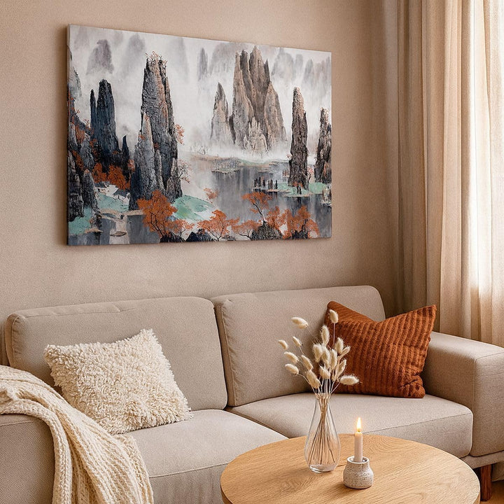 Bilder auf Leinwand 100x70cm Leinwandbild mit Rahmen Berge Märchen Nebel Gross Wanddeko Bild Schlafz