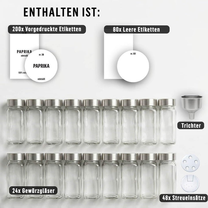 Deco haus® Gewürzgläser eckig mit Schraubkappe 24er Set [+Etiketten & Streueinsatz] - Gewürzdosen Se