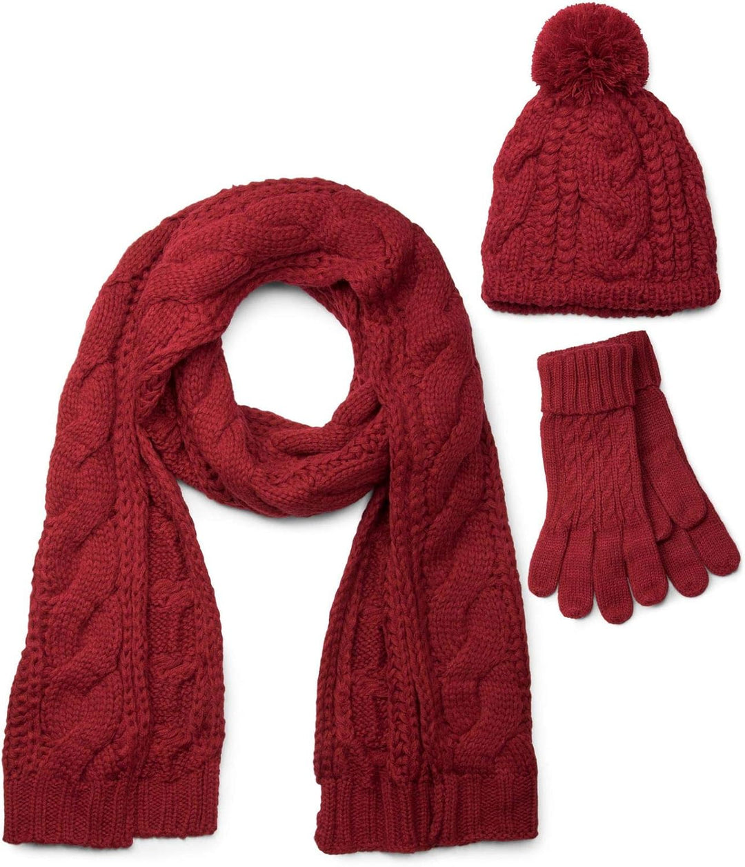 styleBREAKER Schal, Mütze und Handschuh Set, Zopfmuster Strickschal mit Bommelmütze und Handschuhe,