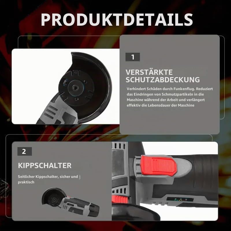 Akku Winkelschleifer 19500 U/min – kabellose Schleifmaschine,mit 2 Akkus/Ladegerät/Werkzeugkasten un