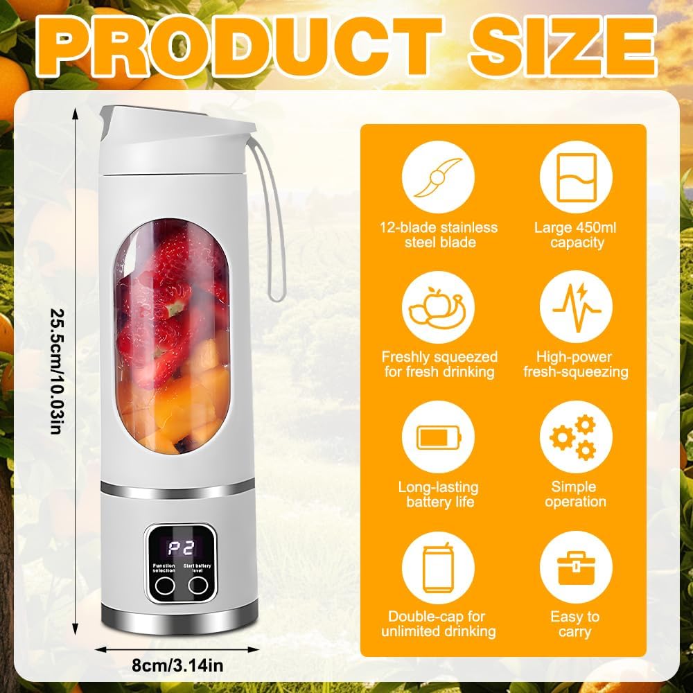 Mixer Smoothie Maker To Go, 450ML Tragbarer Mixer, 1500mAh Portable Blender mit LED 12 Klingen, Mini