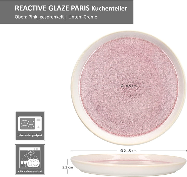 MamboCat 6er Set Reactive Glaze Paris Kuchenteller I Creme &amp; Pink I Steingut-Frühstücksteller für 6