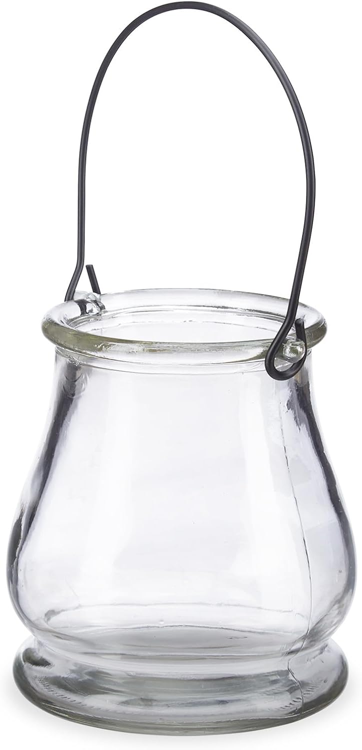 48 x Windlicht aus Glas, runde Glasvase mit Henkel, Tischdeko für Drinnen u. Draussen, Hängewindlich