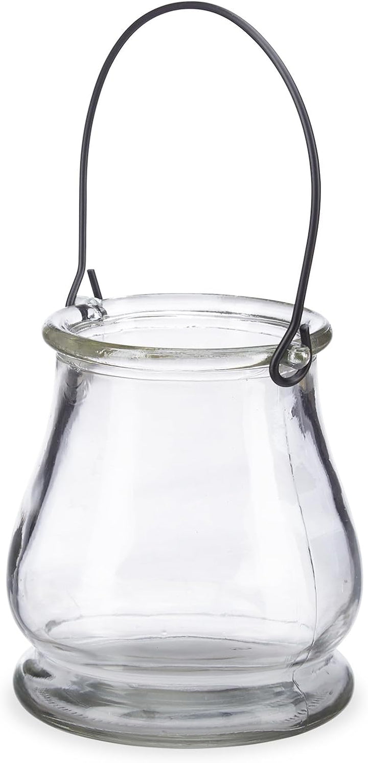 48 x Windlicht aus Glas, runde Glasvase mit Henkel, Tischdeko für Drinnen u. Draussen, Hängewindlich