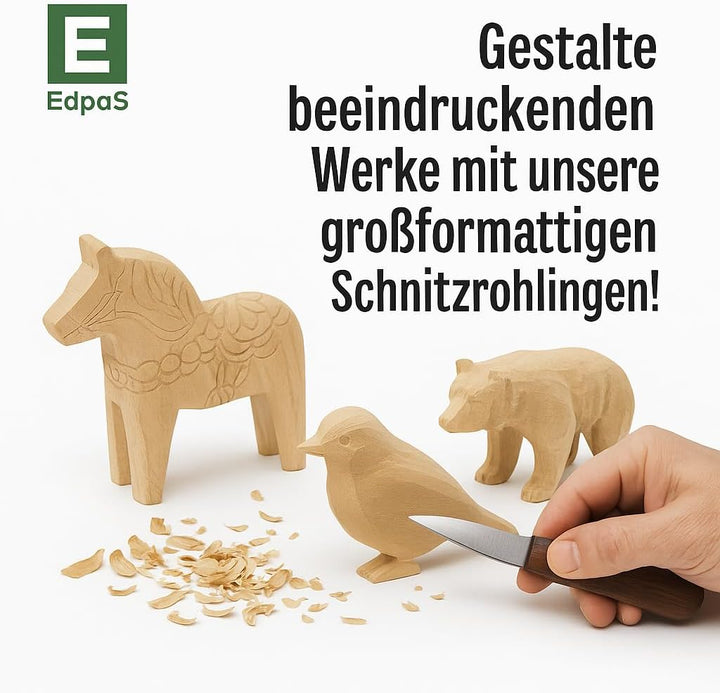 EdpaS Schnitzrohlinge gross aus Lindenholz Tierfiguren Bär Spatz und Dala Pferd - Schnitzholz, Holzr