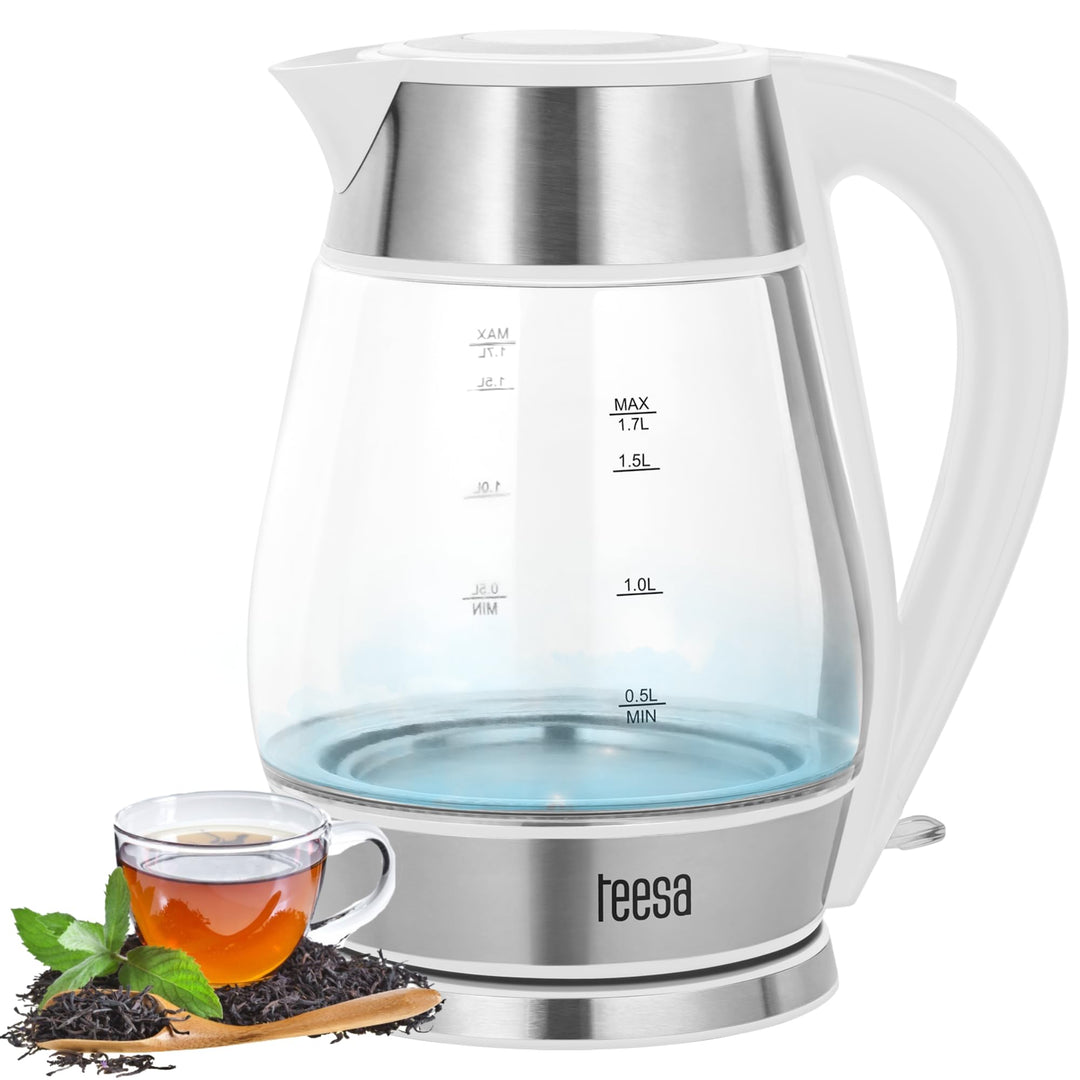 Teesa kabelloser Wasserkocher TSA1512W 1,7 l, Glas, im Betrieb beleuchtet, weiss