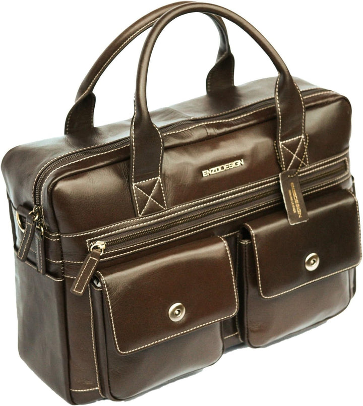 Enzo Design Aktentasche aus genarbtem Leder, abnehmbarer und verstellbarer Schultergurt, braun (Brau