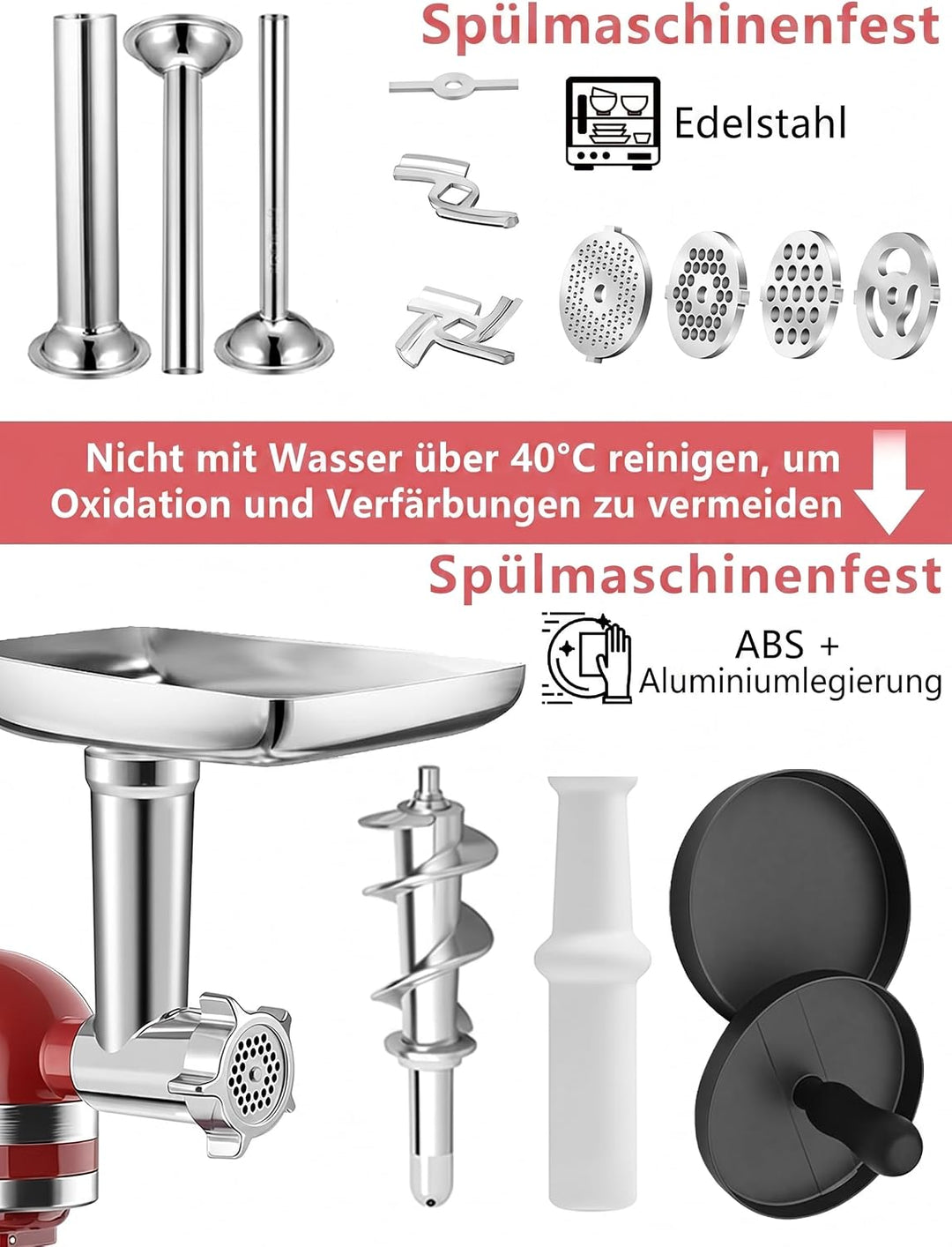 Fleischwolf &amp; Aufsätze für KitchenAid Standmixer, Kitchenaid Zubehör Mixer mit 3 Wurstfüllhörner, 3