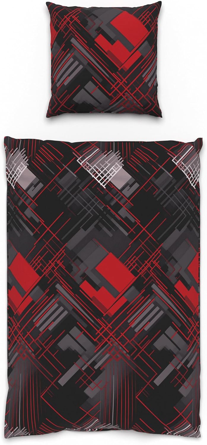 LARAWELL Bettwäsche 135x200 Baumwolle ganzjahres Bettwäsche-Sets rot grau abstrakt geometrisch Premi
