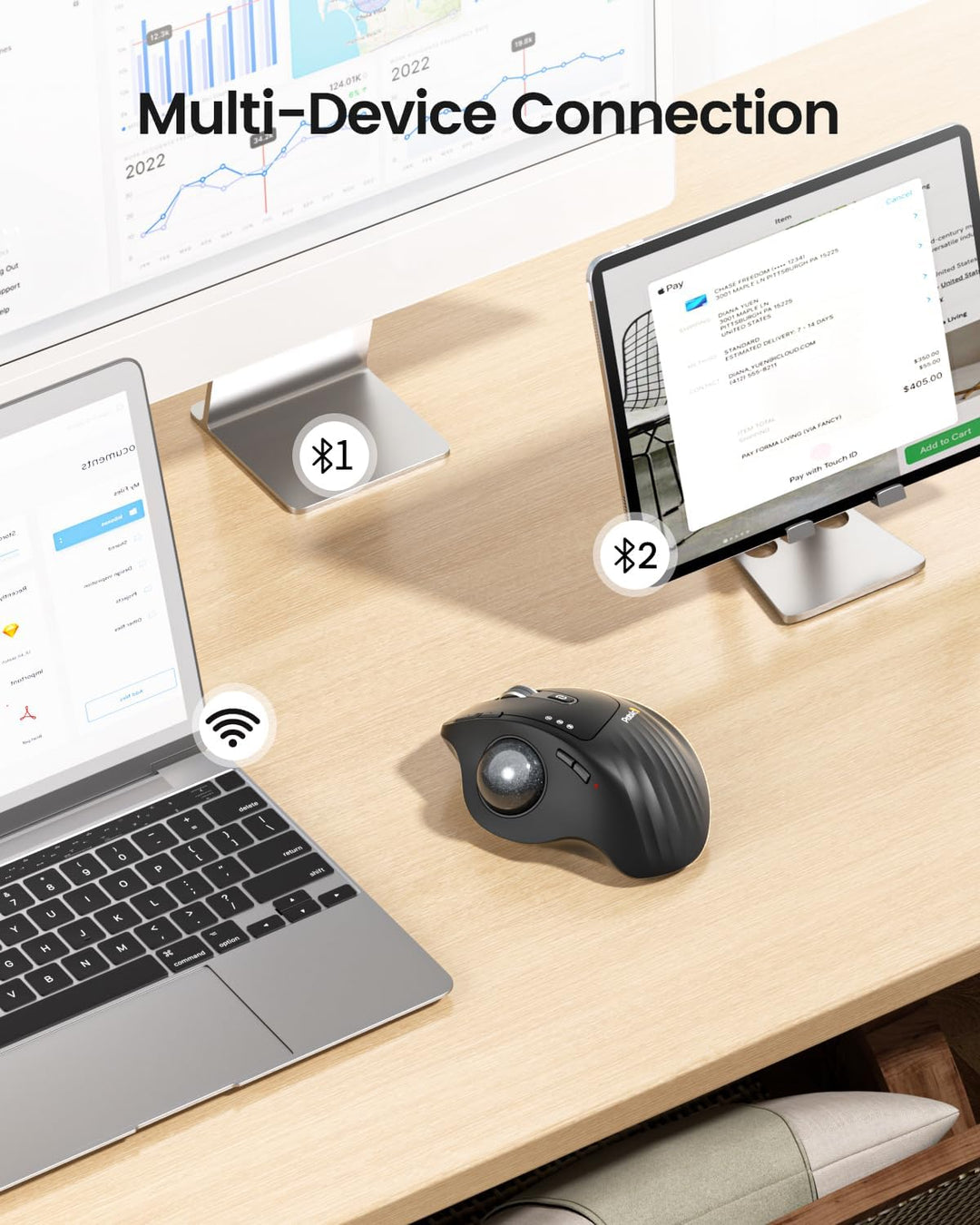 ProtoArc EM01 NL Trackball Maus, Verstellbarer Winkel Maus, 2.4G USB Kabellos & 2*Bluetooth, Daumens