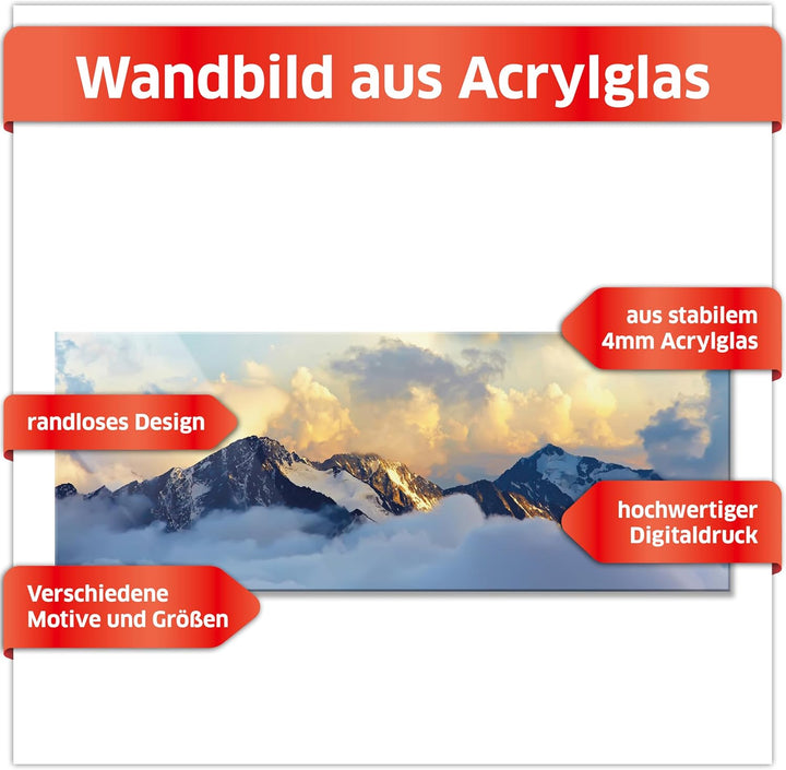 Primus Print - Wandbild Glasbild - Acrylglas Aludibond (Acryl, Berge 109,2x42 cm) Acryl Berge, Acryl