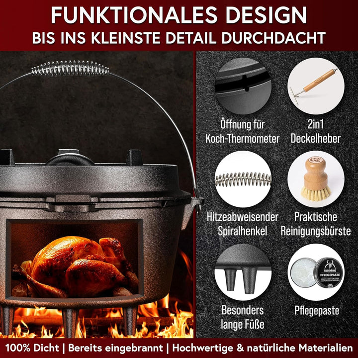 GUSSKÖNIG Dutch Oven Set [9L] - Eingebrannter Feuertopf mit innovativem 2in1 Deckelheber, Reinigungs