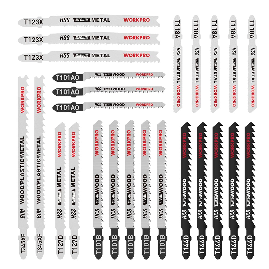 WORKPRO Professional Stichsägeblätter Set, 25tlg.T-Schaft Stichsägeblätter aus HSS/BIM/HCS für Holz,