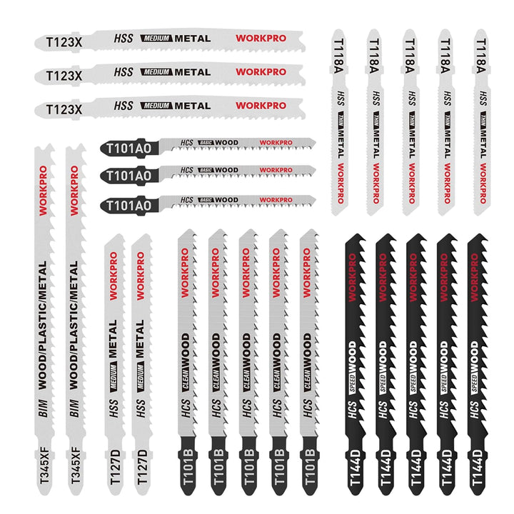 WORKPRO Professional Stichsägeblätter Set, 25tlg.T-Schaft Stichsägeblätter aus HSS/BIM/HCS für Holz,