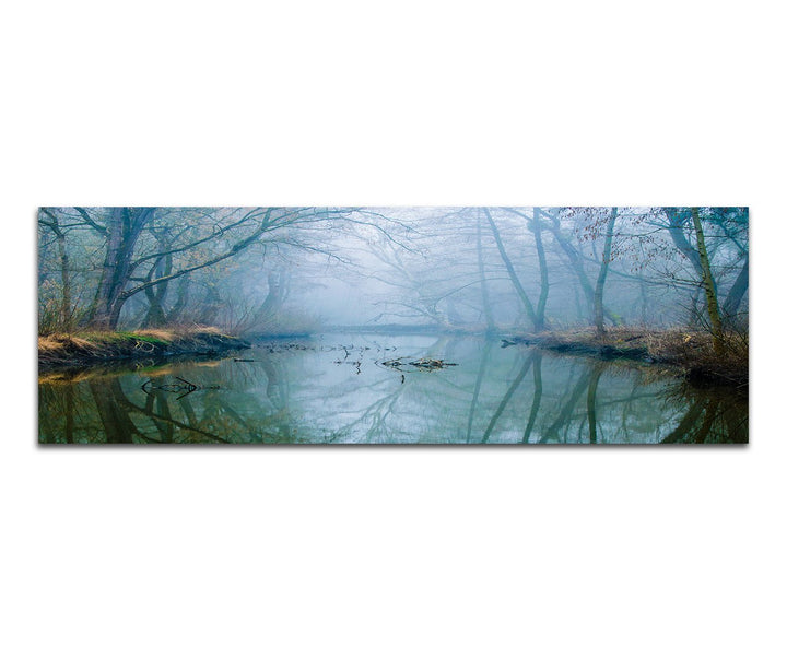 Paul Sinus Art Panoramabild auf Leinwand und Keilrahmen 120x40cm Wald Bäume Fluss Nebel Dunst