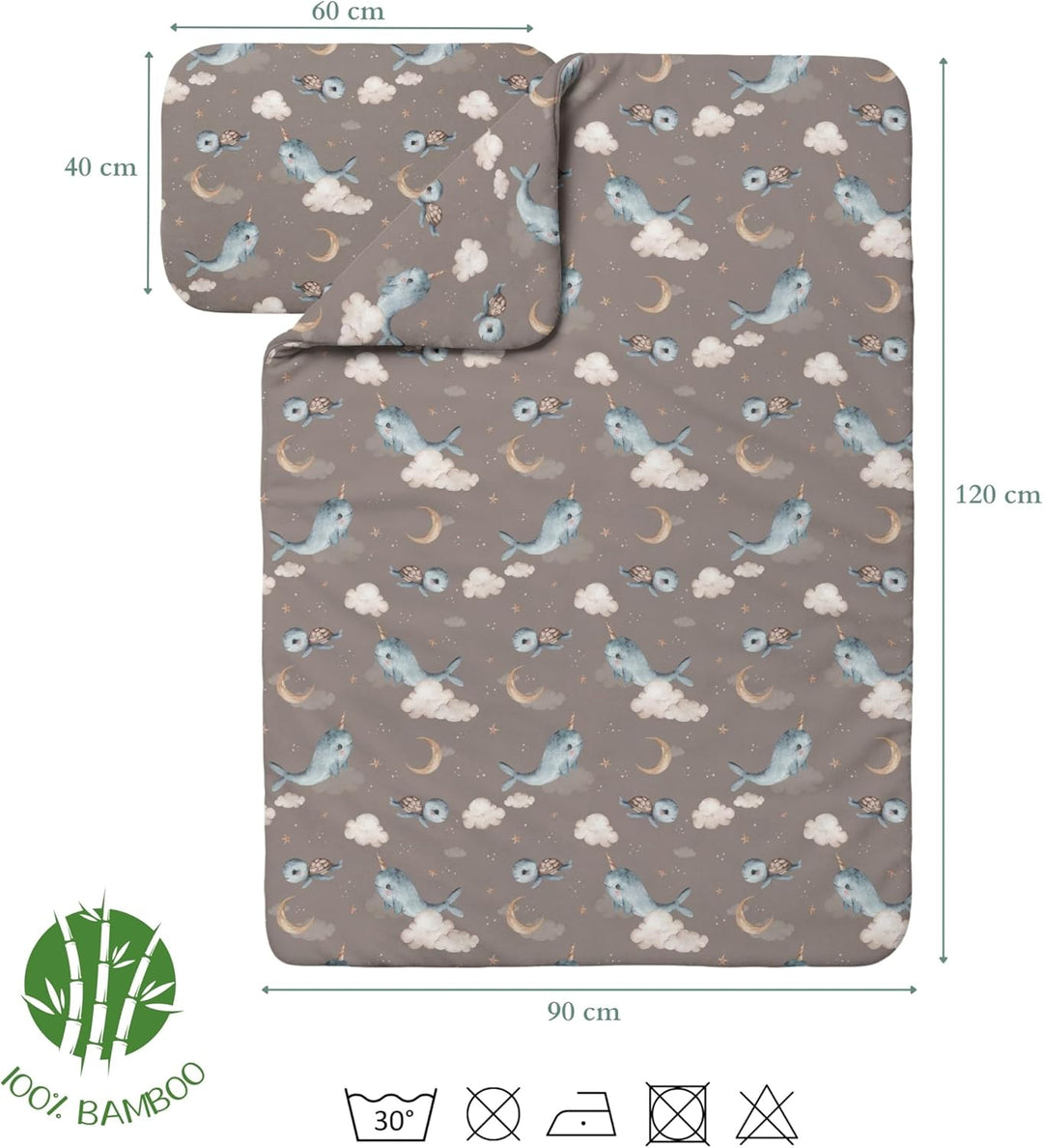 Waldin Baby Kinder Bettwäscheset 100% Bambus, ohne Bezug, Hypoallergen, Decke und Kissen, Wale/Braun