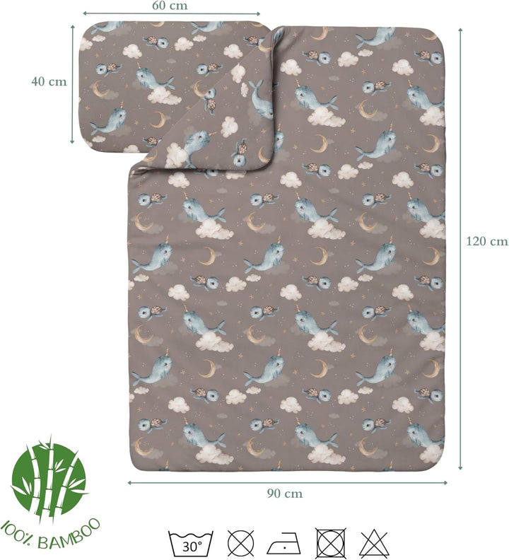 Waldin Baby Kinder Bettwäscheset 100% Bambus, ohne Bezug, Hypoallergen, Decke und Kissen, Wale/Braun