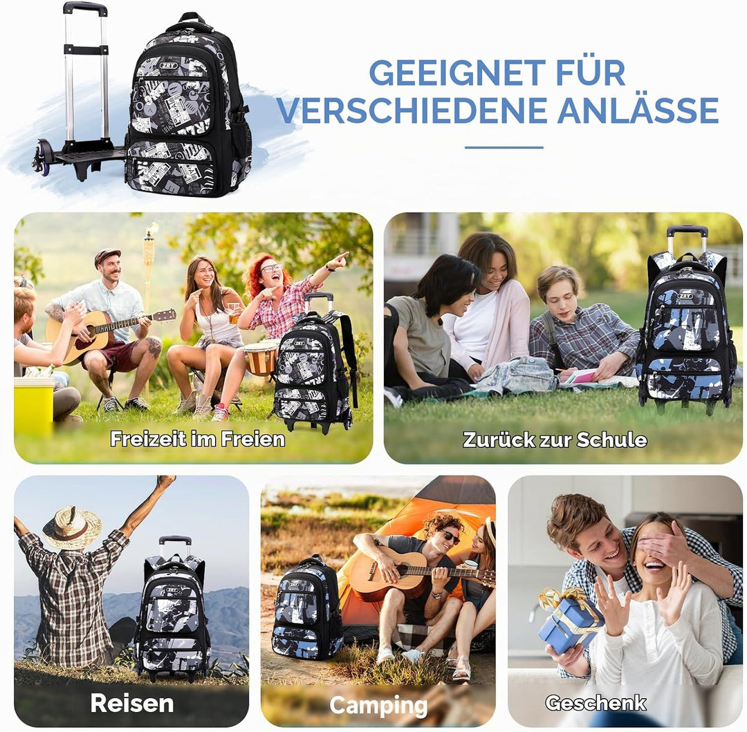 Amythe Schulrucksack Teenager, Abnehmbare Trolley Rucksack Schule mit 6 Räder für Jungen ab 10 Jahre