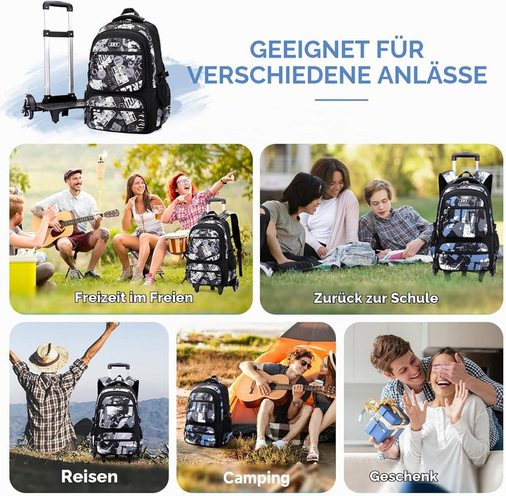Amythe Schulrucksack Teenager, Abnehmbare Trolley Rucksack Schule mit 6 Räder für Jungen ab 10 Jahre