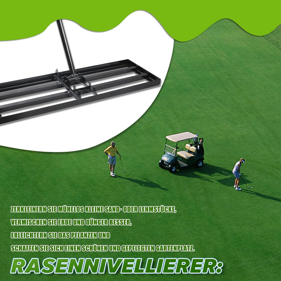 MaxEarn Rasen Nivellierrechen, 75x25 cm Garten Rasenrakel, Metall Rasenrechen mit 180 cm Verlängerte