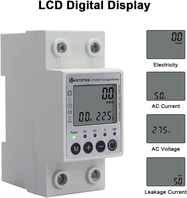 KETOTEK LCD Digitaler Wechselstromzähler Stromzähler Hutschiene 1 Phasig Energiezähler KWh Zähler Le