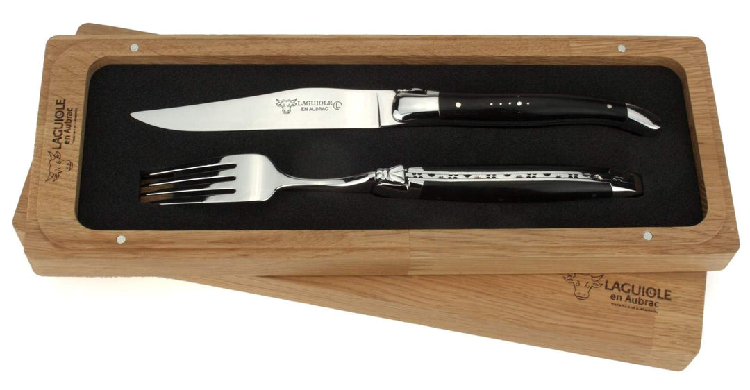 Laguiole en Aubrac - 1 Steakmesser und 1 Gabel Besteck-Set - Griff Ebenholz - Original Frankreich mi