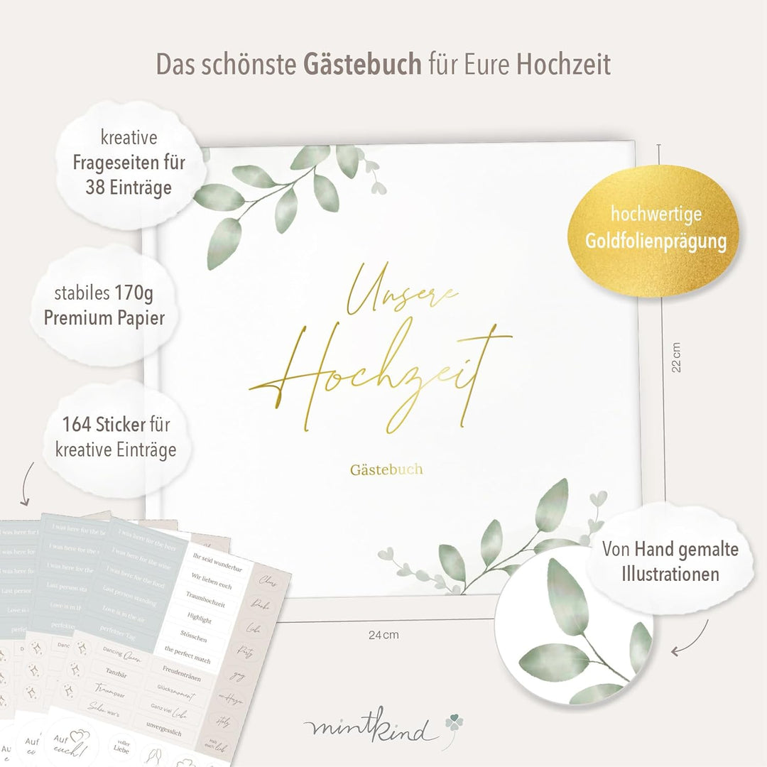 mintkind® Gästebuch Hochzeit zum Ausfüllen Greenery inkl. 4 Stickerbögen | 84 Seiten mit Fragen für