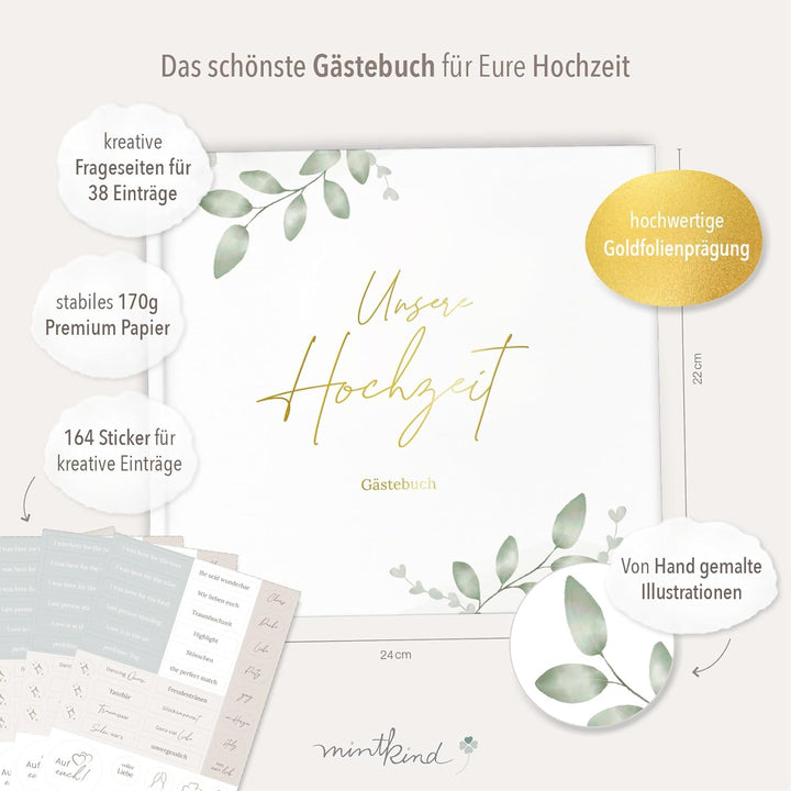 mintkind® Gästebuch Hochzeit zum Ausfüllen Greenery inkl. 4 Stickerbögen | 84 Seiten mit Fragen für