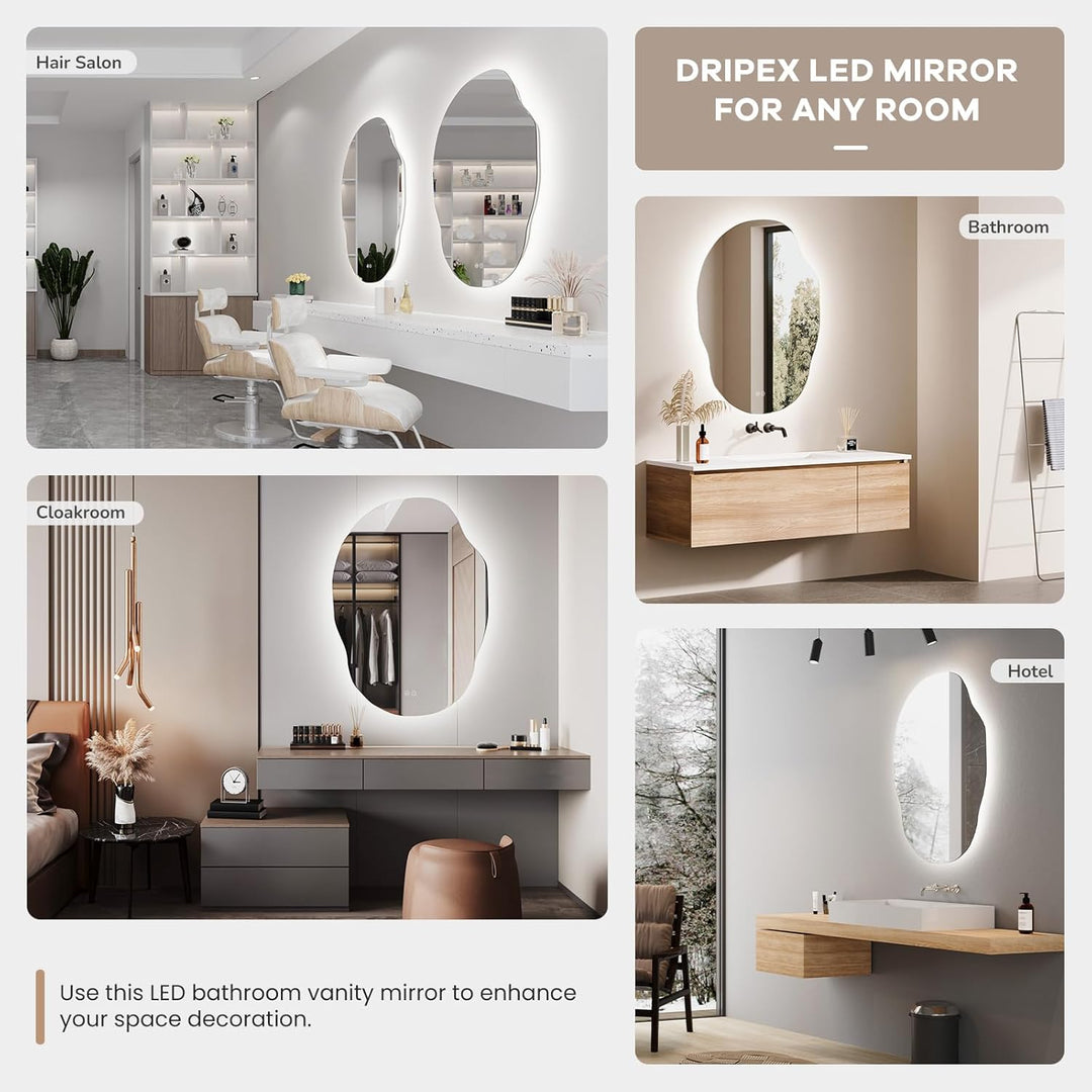 Dripex Badezimmerspiegel Led Badspiegel, Asymmetrisch, Touch-Schalter, Dimmbar, 3 Lichtfarbe Einstel