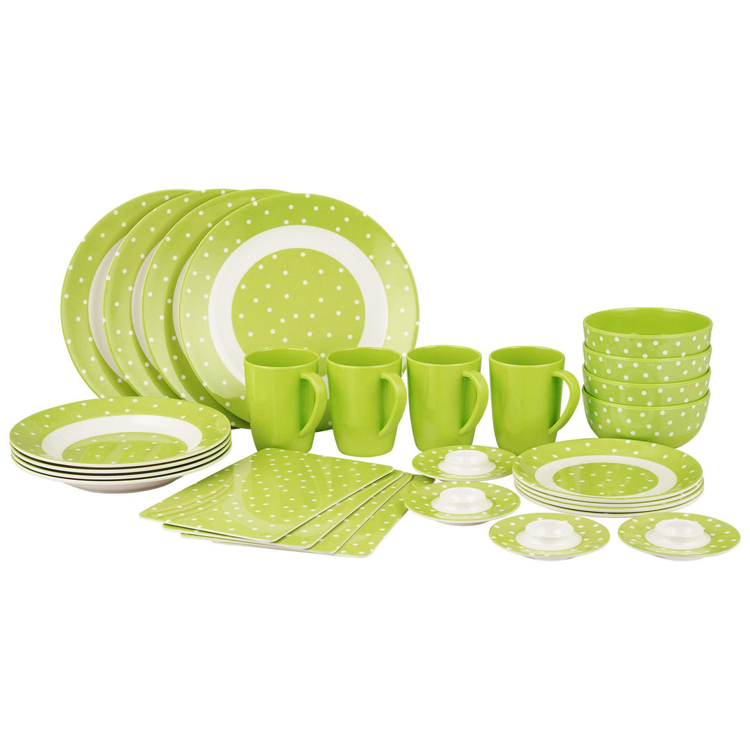 Melamin-Set Campinggeschirr Green Dot, 28-teilig, 100 Prozent Melamin, frei von BPA, Camping Geschir
