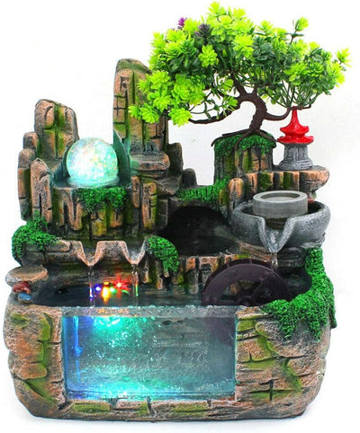 BJTDLLX Zimmerbrunnen Wasserfall Gartenbrunnen Brunnen mit Nebel und Led Licht, Künstliche Pflanzen