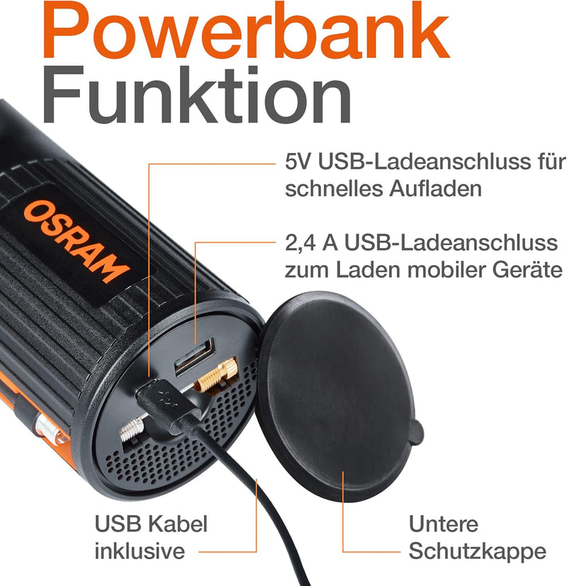 OSRAM TYREinflate COMPACT, Akku Luftpumpe, tragbarer elektrischer Mini Luftkompressor mit LED Licht,