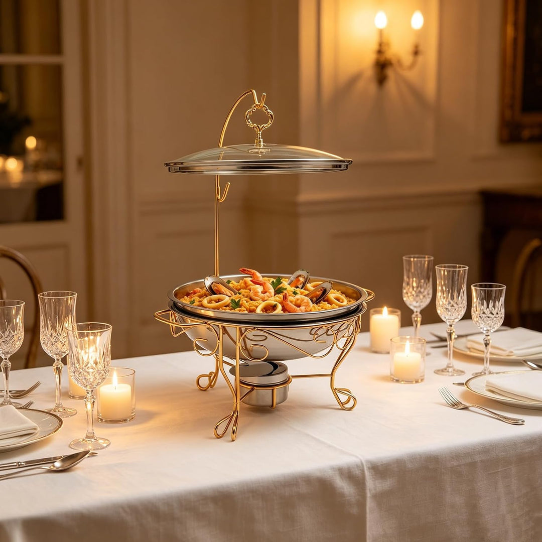 Under Chafing Dish 6L Gold, Edelstahl Speisenwärmer mit Deckelhaken &amp; Warmhaltebehälter, Buffet Warm
