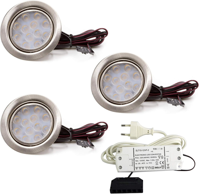 vislux 3er Set LED Möbelleuchte Einbaustrahler Edelstahl Gebürstet flach 3W warmweiss 3200K 200lm 12