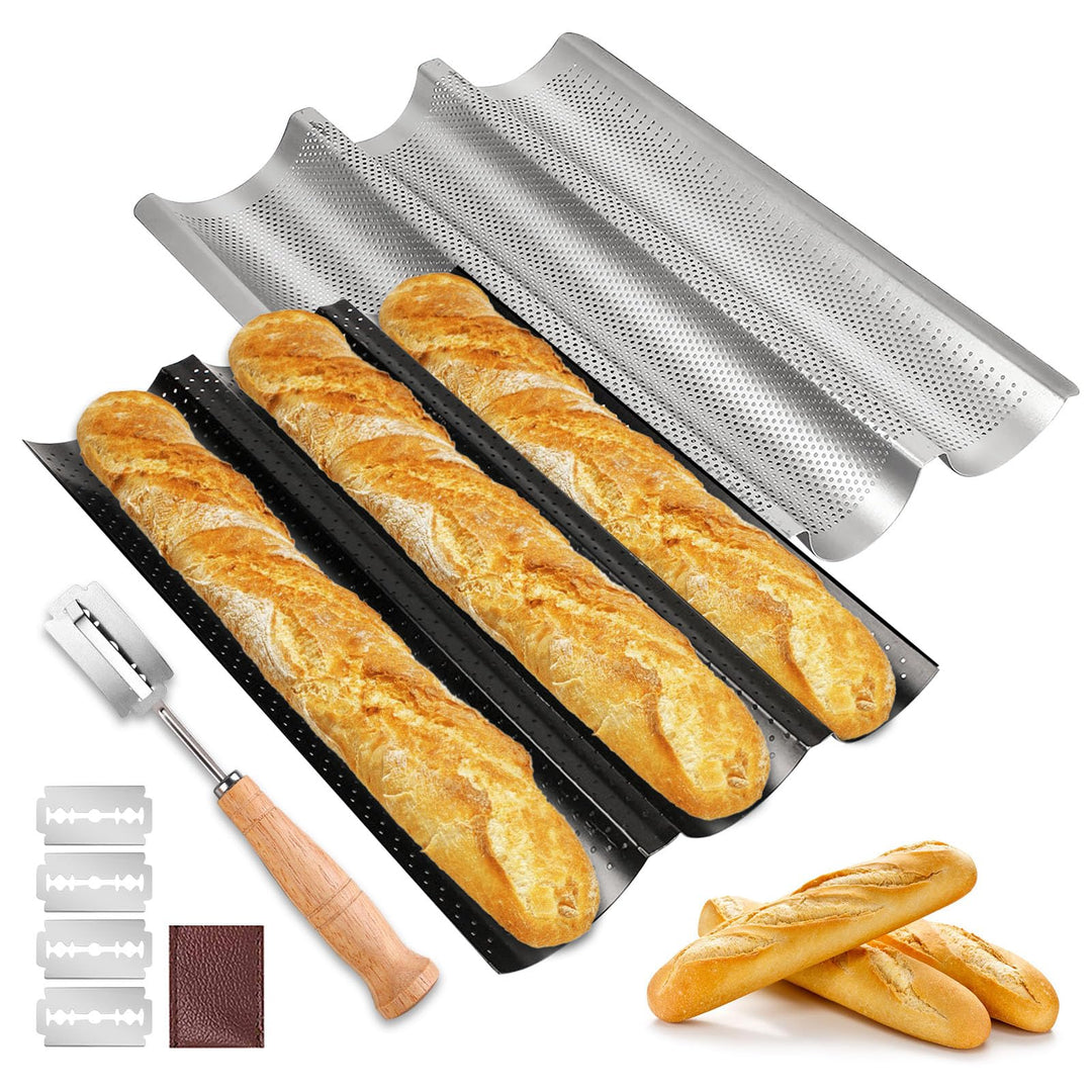 BORDEAG Baguette Backform, 2er Set Baguetteblech für 3 Baguettes mit Bäckermesser, Antihaftbeschicht