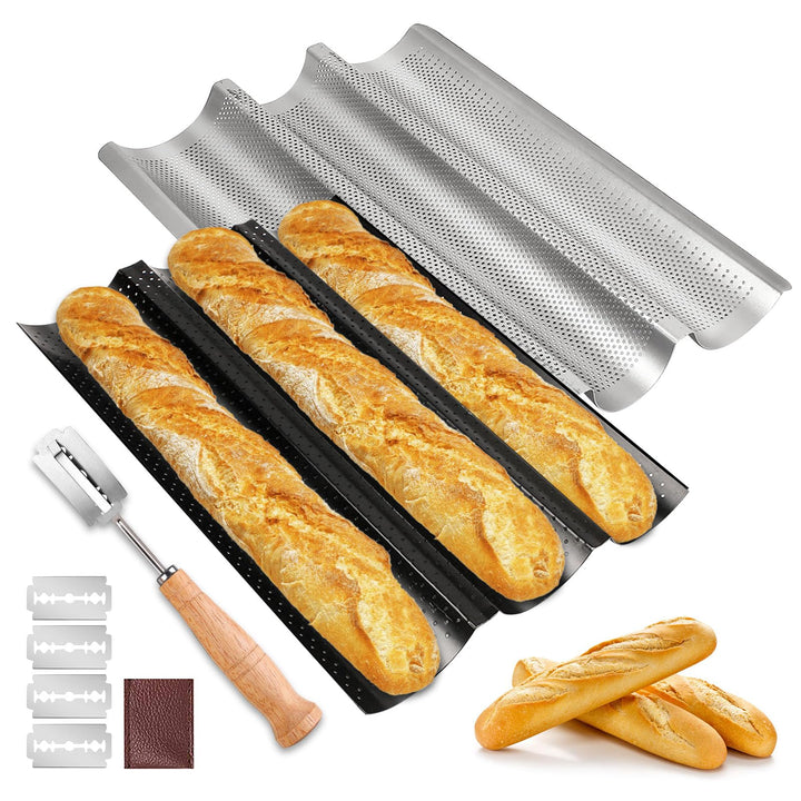 BORDEAG Baguette Backform, 2er Set Baguetteblech für 3 Baguettes mit Bäckermesser, Antihaftbeschicht