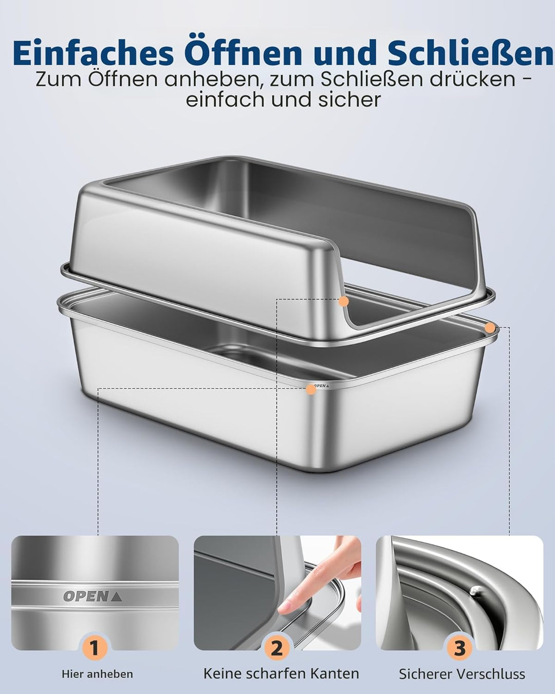 Katzenklo Edelstahl, VollMetall Katzentoilette Gross XXL, Katzenklo mit Abnehmbares Hoher Rand, Katz