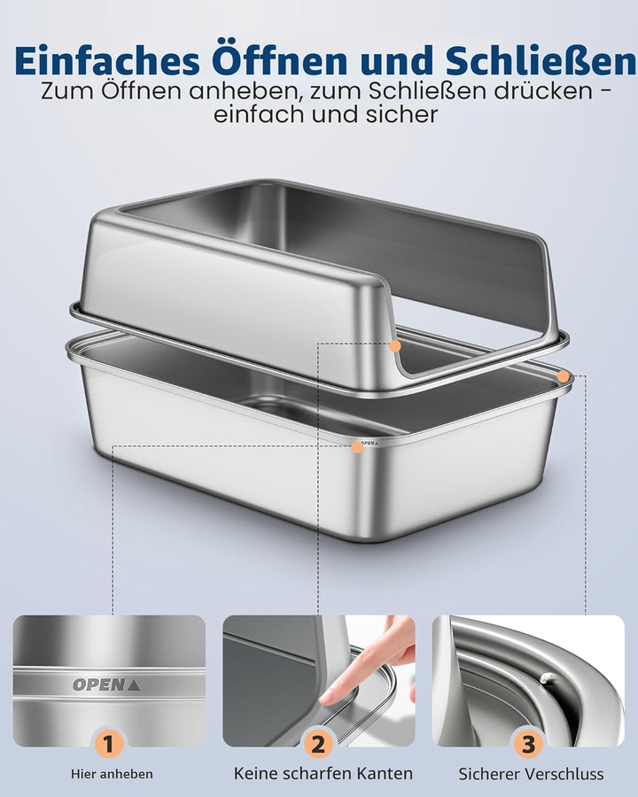 Katzenklo Edelstahl, VollMetall Katzentoilette Gross XXL, Katzenklo mit Abnehmbares Hoher Rand, Katz