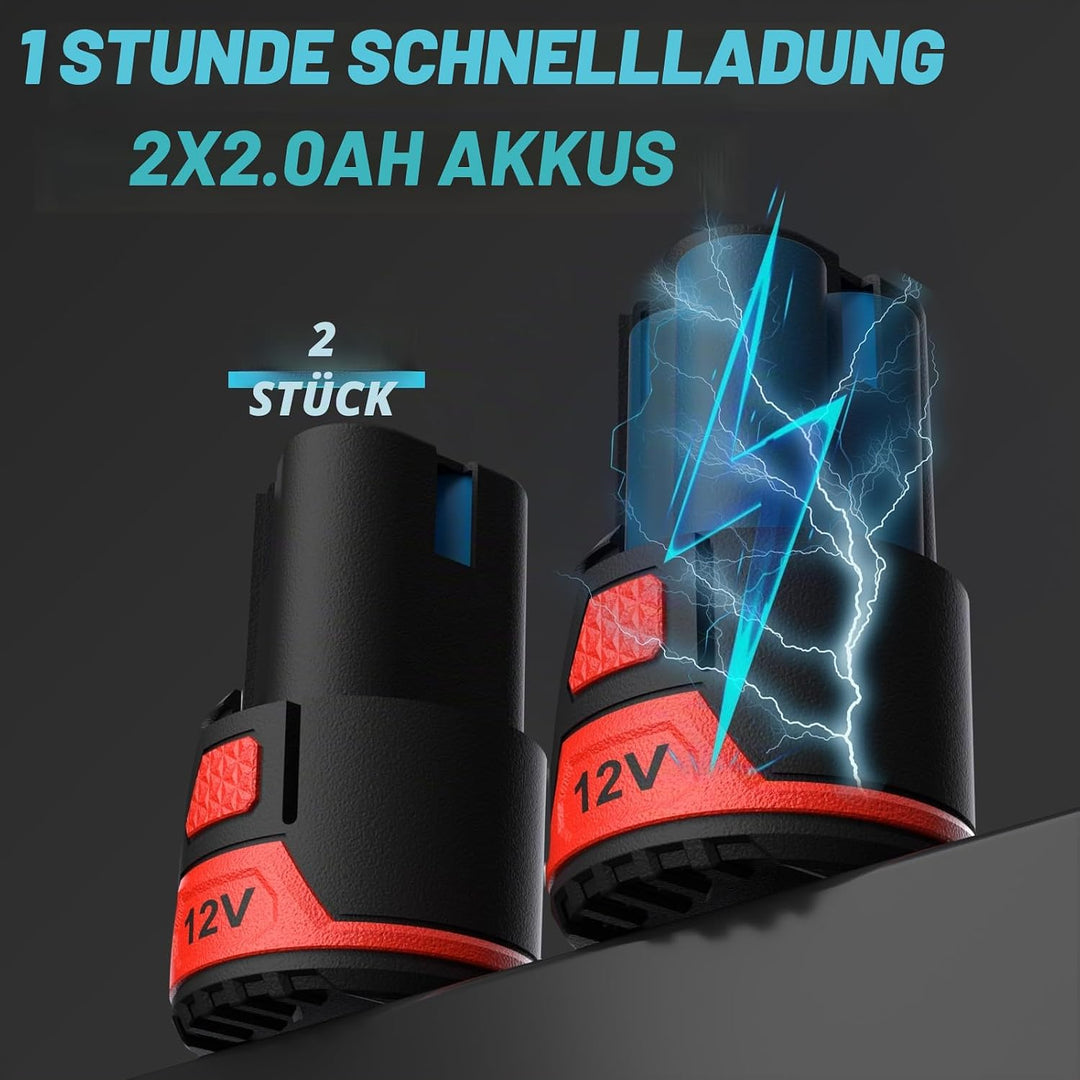 PULITUO Elektrische Ratschenschlüssel Set, 12V Akku Ratschenschlüssel 3/8" mit 2pcs 2000mAh Akkus un