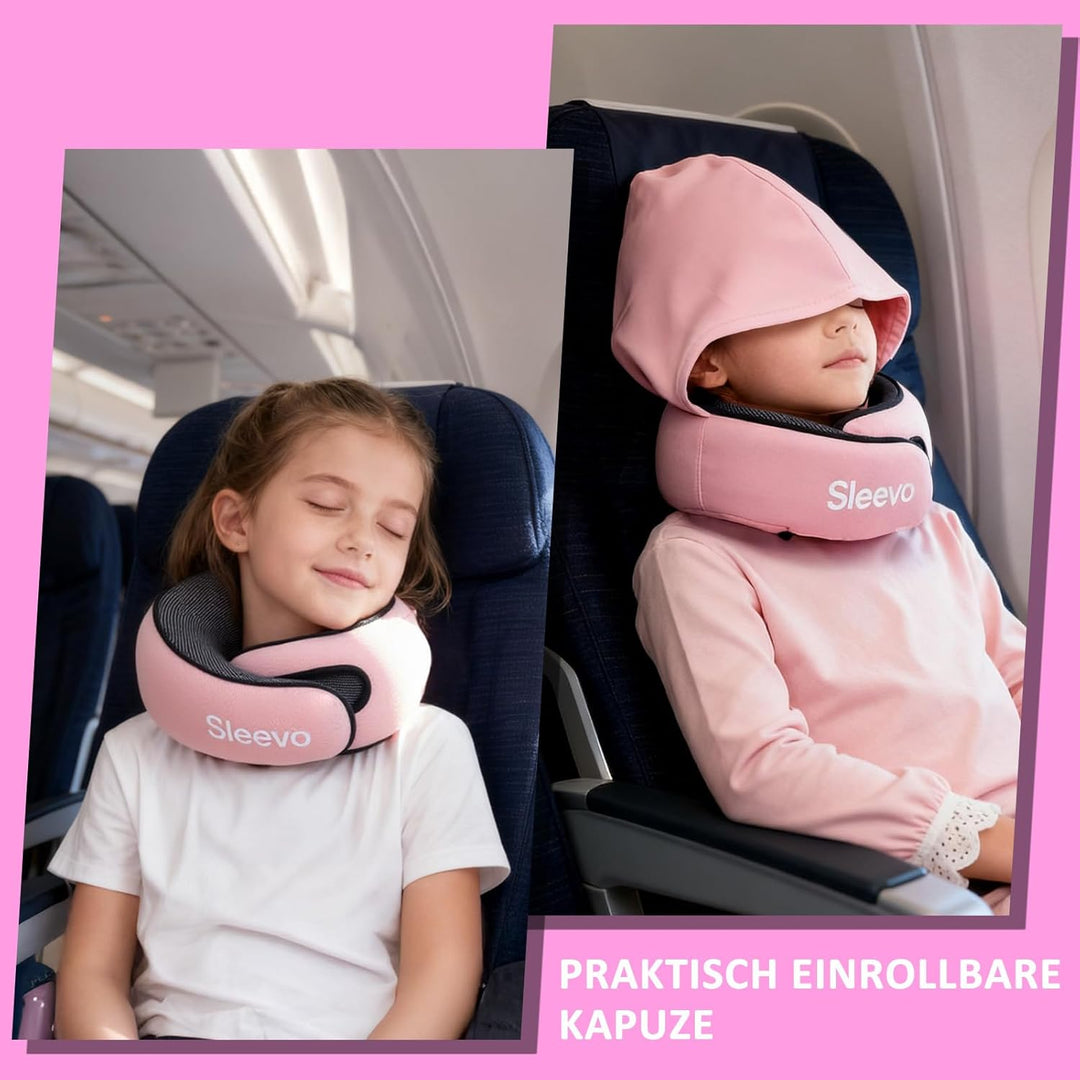 Nackenkissen Flugzeug Kinder mit Kapuze & Memory Foam – Nackenhörnchen & Kopfstütze für Auto – Weich