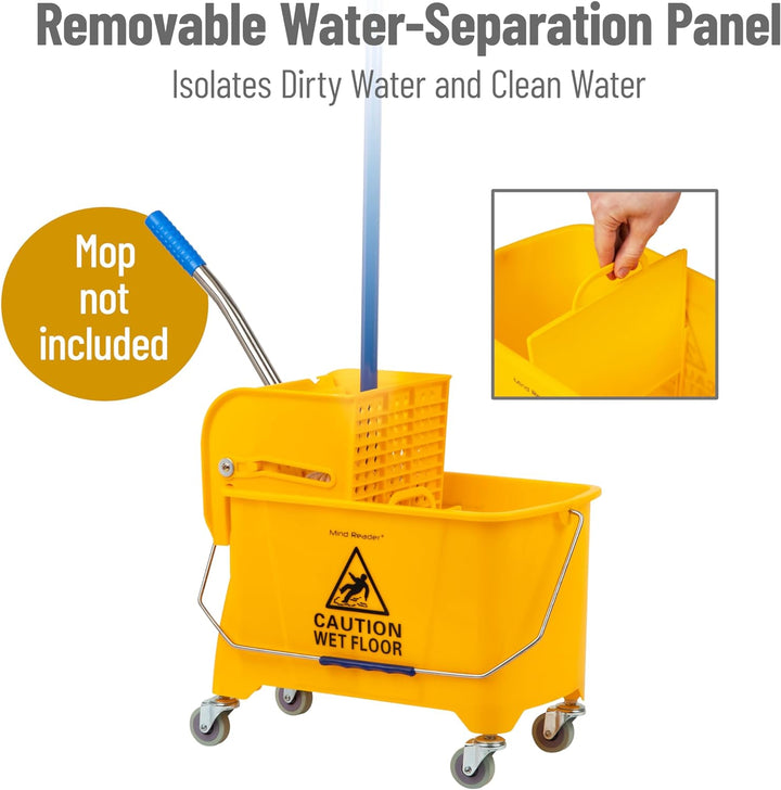 Mind Reader Mobile Heavy Duty Mop Bucket with Upward Press Wringer, 22-Quart Capacity, 16.25"L x 10.