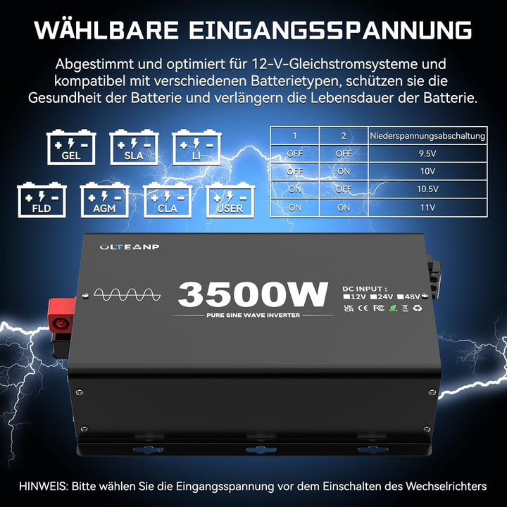 OLTEANP 3500W/7000W Wechselrichter 12V auf 230V Reiner Sinus Spannungswandler Power Inverter mit 2 A