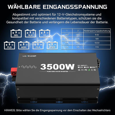 OLTEANP 3500W/7000W Wechselrichter 12V auf 230V Reiner Sinus Spannungswandler Power Inverter mit 2 A