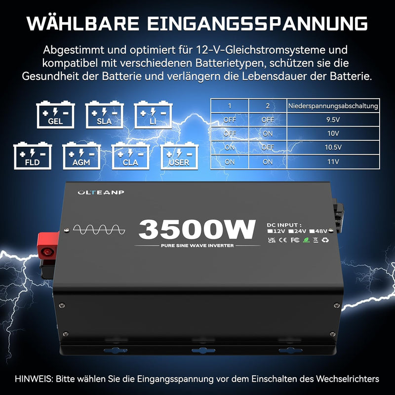 OLTEANP 3500W/7000W Wechselrichter 12V auf 230V Reiner Sinus Spannungswandler Power Inverter mit 2 A