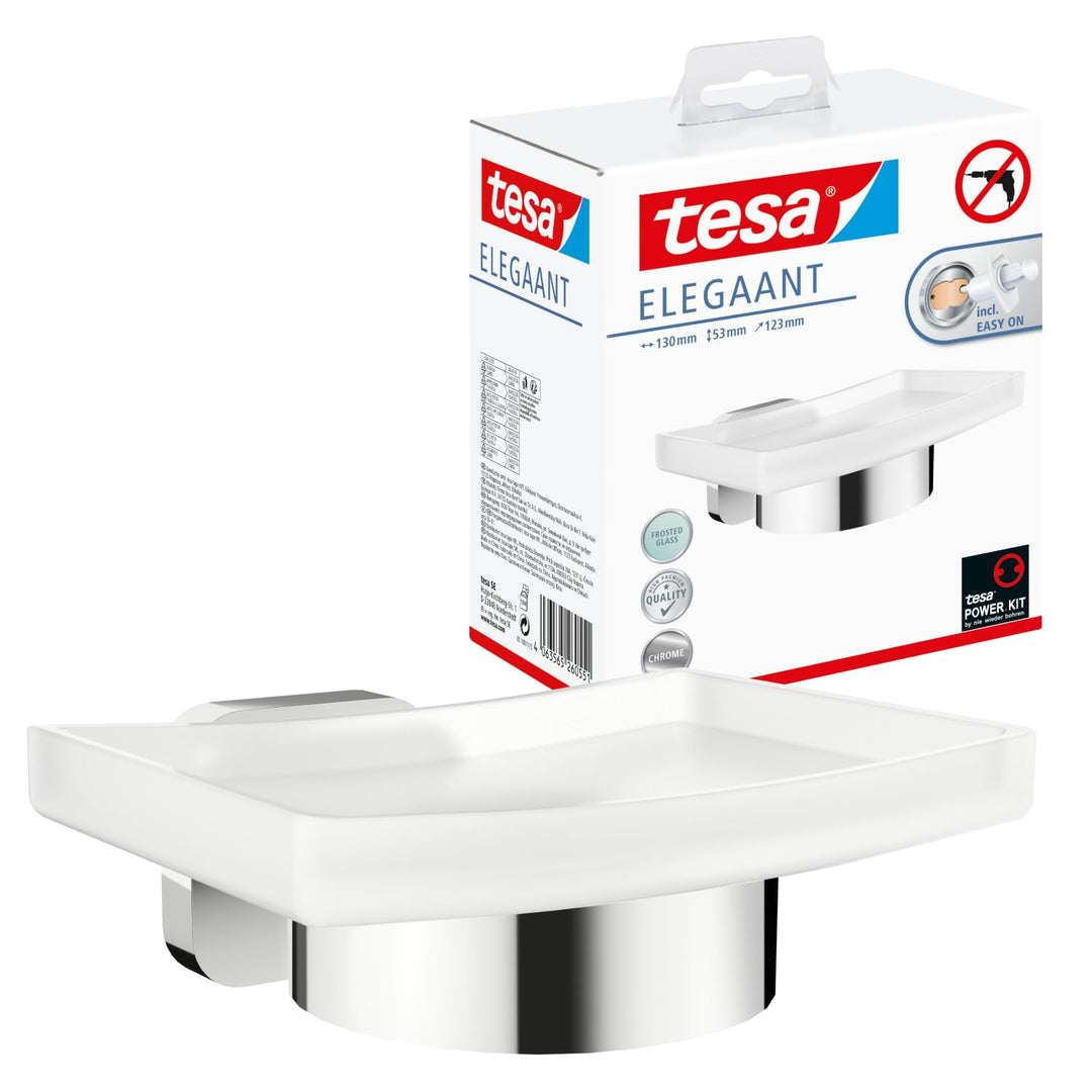 tesa ELEGAANT Seifenschale mit Wandhalterung, satiniertem Glas und verchromtem Edelstahl - zur Wandb