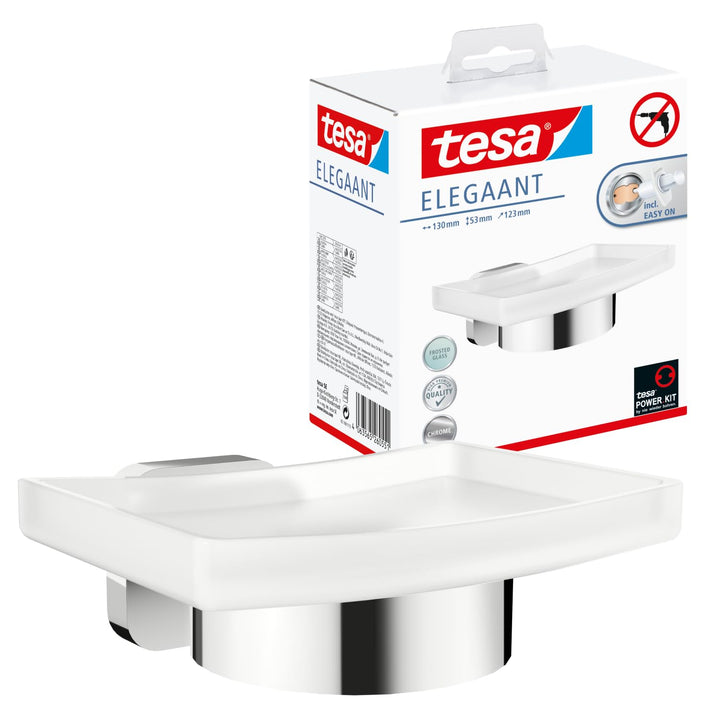 tesa ELEGAANT Seifenschale mit Wandhalterung, satiniertem Glas und verchromtem Edelstahl - zur Wandb