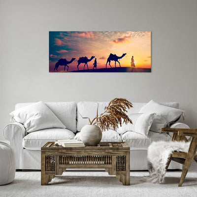 Panorama Bilder auf Leinwand 100x40cm Leinwandbild mit Rahmen Kamel Wohnwagen Gross Wanddeko Bild Sc