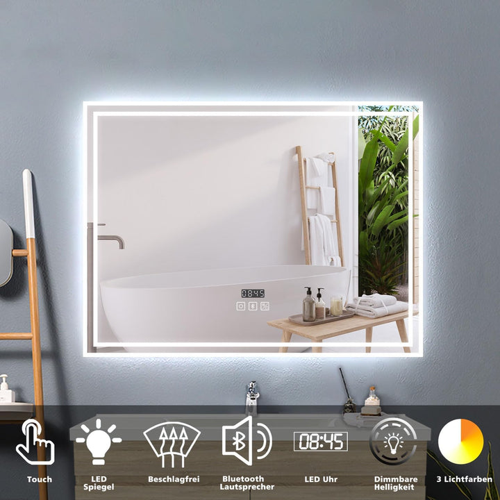 Badspiegel LED 80x60cm LED Spiegel mit Beleuchtung Bluetooth Uhr Beschlagfrei Badezimmerspiegel 3 Li